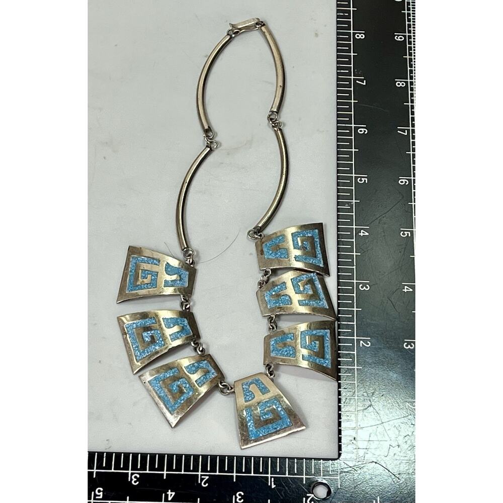 Vintage Mexico Alpaca Silver Turquoise Chip Inlay Collar Statement Necklace - Picture 11 of 12